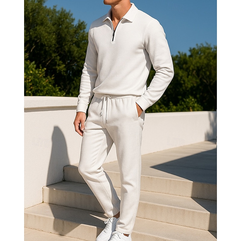 Men's 2 Piece Tracksuit Sweatsuit Sets Lounge Outfits  Quarter Zipper Solid Colored Clothing Suit Fall Black White Outdoor Travel Sports Moisture Wicking Long Sleeve Sport Activewear Micro-elastic3