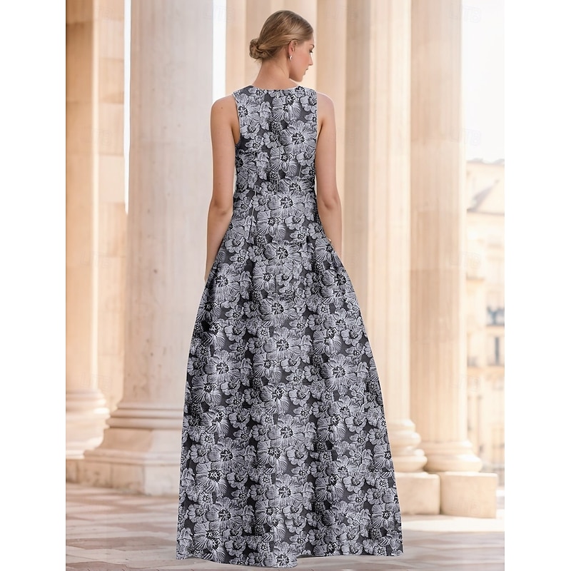 Jacquard A-Line Evening Gown Floral Elegant Dress Formal Wedding Floor Length Sleeveless V Neck Nylon with Slit Pocket Wedding Guest Dress2