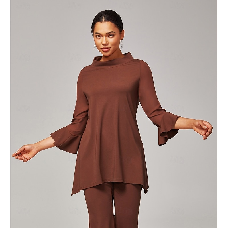 Women's Coffee Brown Chiffon-Modal Slim-Fit Blouse with Sheer Sleeves Elegant Lightweight Breathable Office Dinner Date