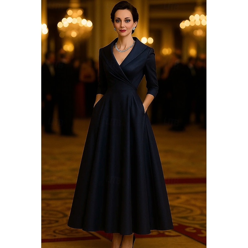 A-Line Portrait Collar Mother of the Bride Dress Elegant Vintage V Neck Tea Length Midi Length Stretch Satin 3/4 Length Sleeve with Ruching Solid Color2
