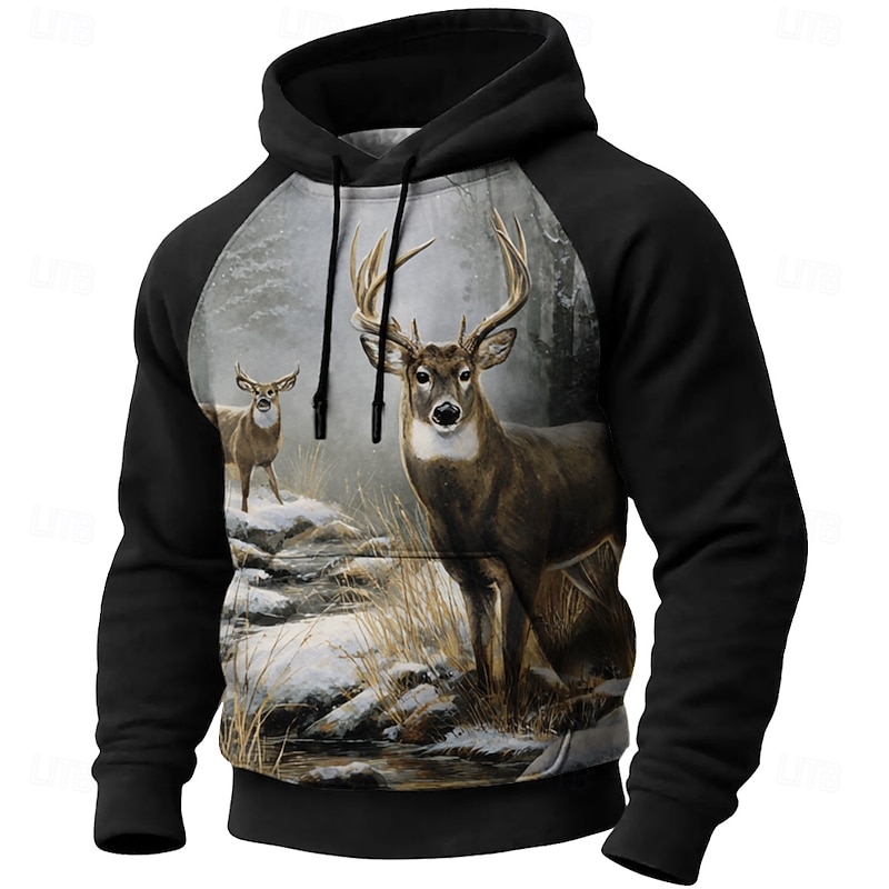 Men's Deer Hoodie Sweatshirt 3D Hunting Hooded Outdoor Sports Outdoor Black Brown Raglan Sleeves Fall Winter Designer
