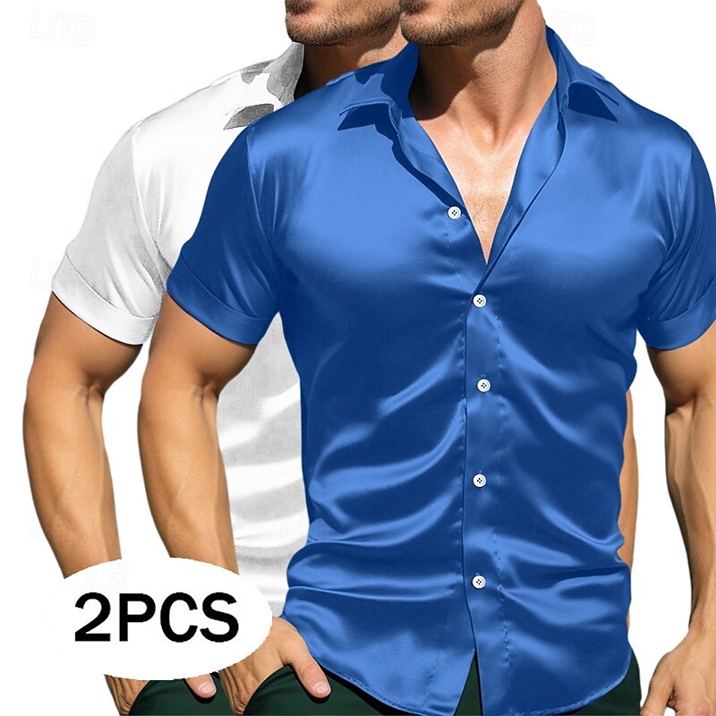 Men's Shirt Silk Like Satin Shirt Casual Shirt Button Up Shirt Plain Formal Vacation White+Green White Blue Green Short Sleeve Lapel Summer All Seasons Clothing Apparel