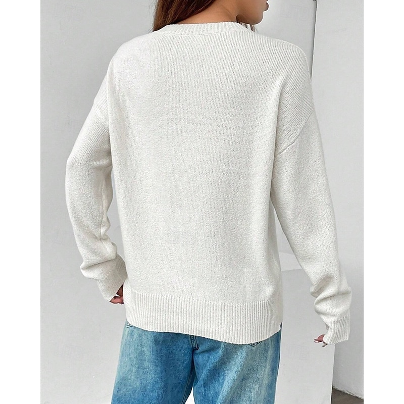 Women's Sweater Pullover Fashion Casual Graphic Ribbed Crew Neck Knitted Print Long Sleeve Regular Tops Knit Outdoor Daily Weekend White Dark Blue Fall Winter2