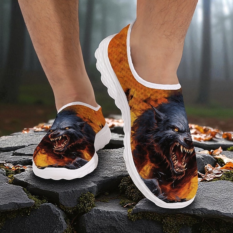 Men's Slip-On Sneakers with Fierce Werewolf Print, Lightweight Casual Shoes for Halloween Party Shoes and Walking