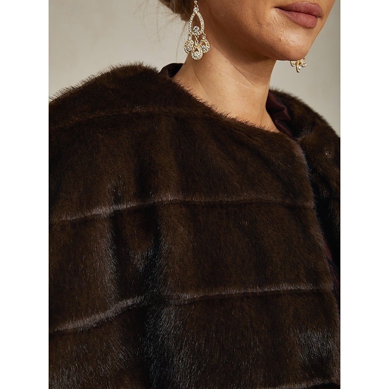 Women's Cocktail Formal Party Brown Faux Fur Wrap  Shrug Capelet  Beaded Button Brown Cowl Neck Fall Winter2