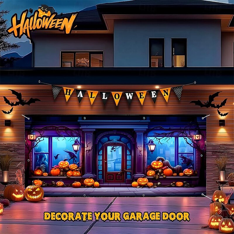Halloween Tapestry Garage Door Cover Large Hanging Backdrop Pumpkin Shop of Horrors 3D Dark Punk Gothic Style Party Outdoor Shooting Backgrounds Yard Haunted House Home Decor4