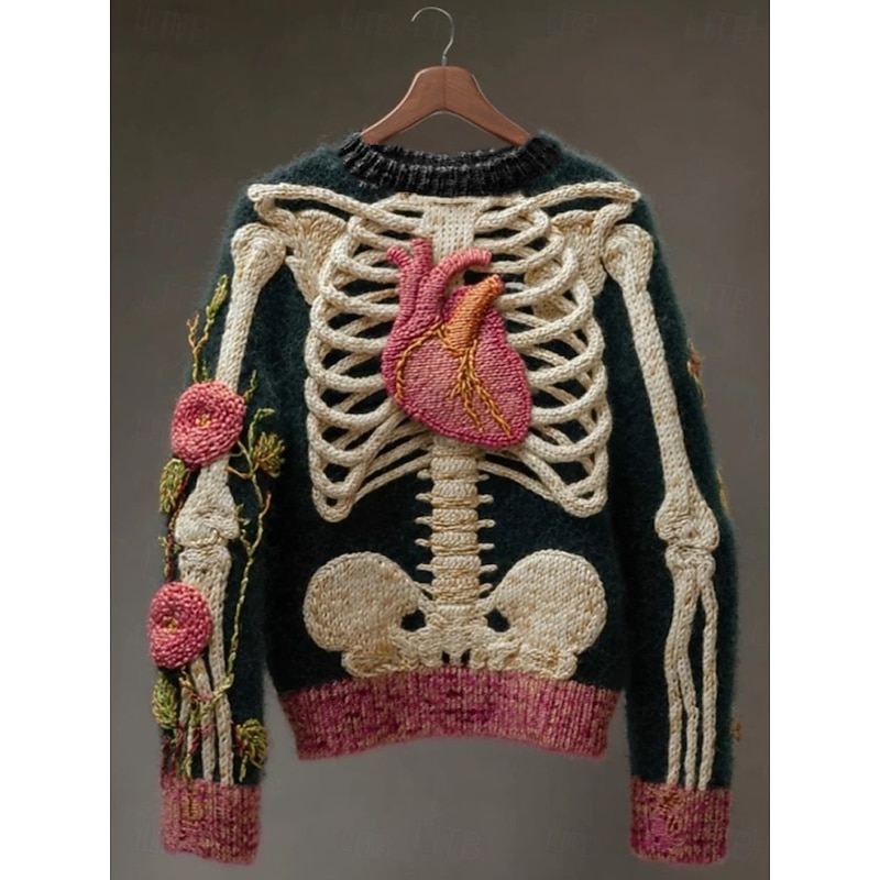 Women's Sweater Cute Streetwear Casual Graphic Skeleton Crew Neck Patchwork Knitted Long Sleeve Regular Tops Knit Halloween Pink Fall Winter