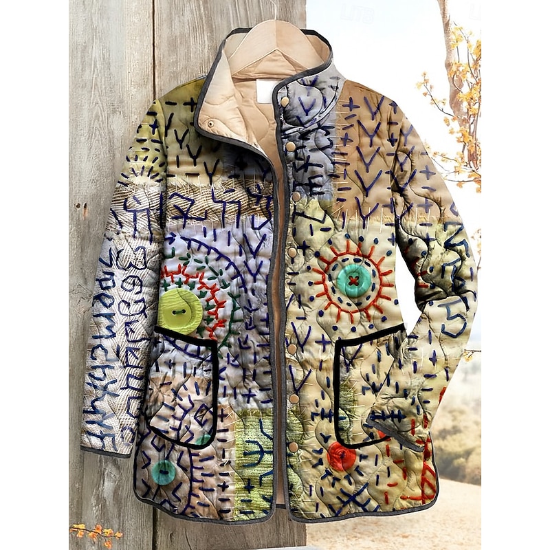 Women's Winter Jacket Quilted Jacket Warm Lightweight Print Elegant Vintage Fashion Abstract Vacation Home Office / Career Casual Short Stand Collar Regular Fit Long Sleeve Outerwear Yellow Light