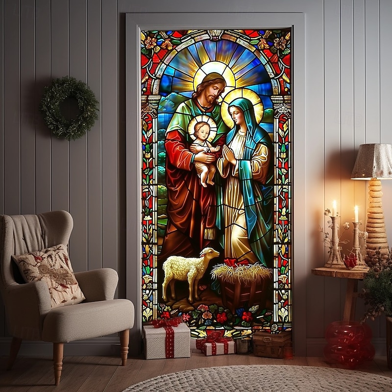 Christmas Door Cover, Stained Glass Holy Family Nativity Scene Holiday Door Curtain, Religious 2025 Xmas Door Hanging for Porch Church Home Decoration2
