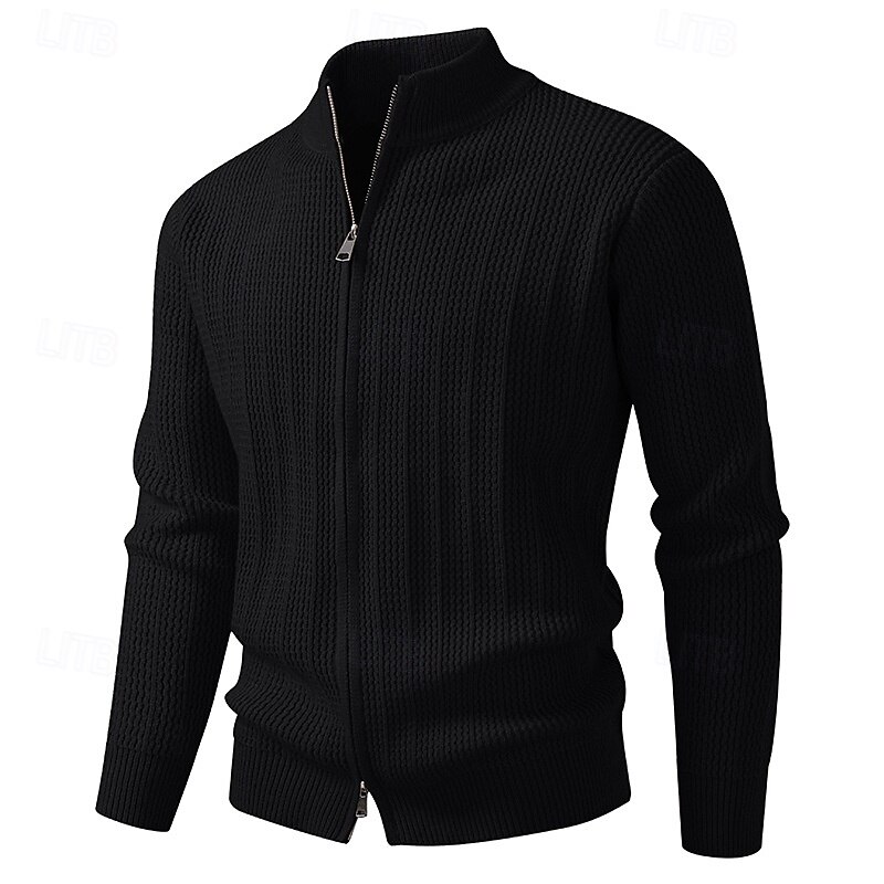 Men's Cardigan Sweater Cropped  Sweater Zip Sweater Knit Sweater Ribbed Knit Regular Tops Zip Up Plain Stand Collar Fashion Classic Vacation Daily Wear Clothing Apparel Fall Winter Black Camel XS S M4