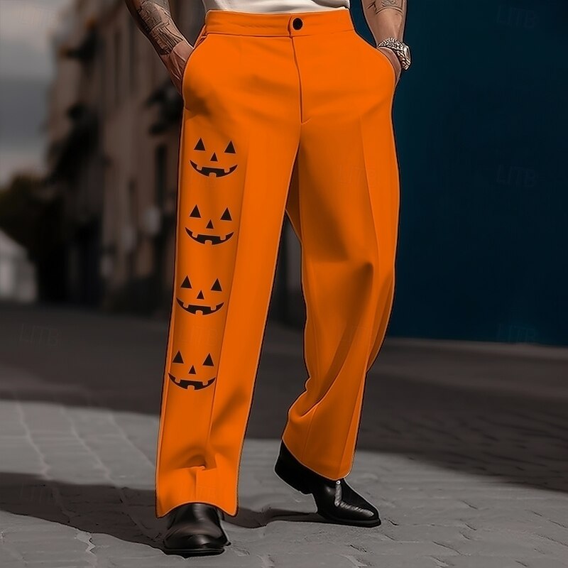 Halloween Men's Pumpkin Face Printed Trousers Dress Pants Suit Pants Mid Waist Casual Holiday Streetwear Printed Spring Fall 3D Print Black White Orange2