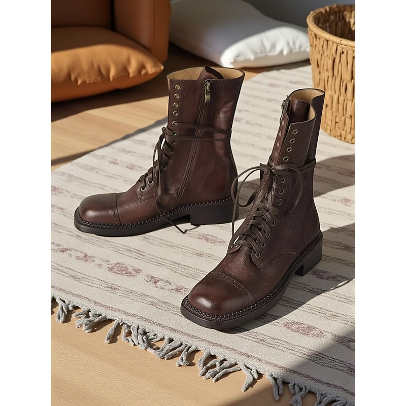 Women's Classic Maillard British Style Leather Lace Up Boots - Vintage Retro Combat Ankle Boots for Casual Autumn Winter Wear3