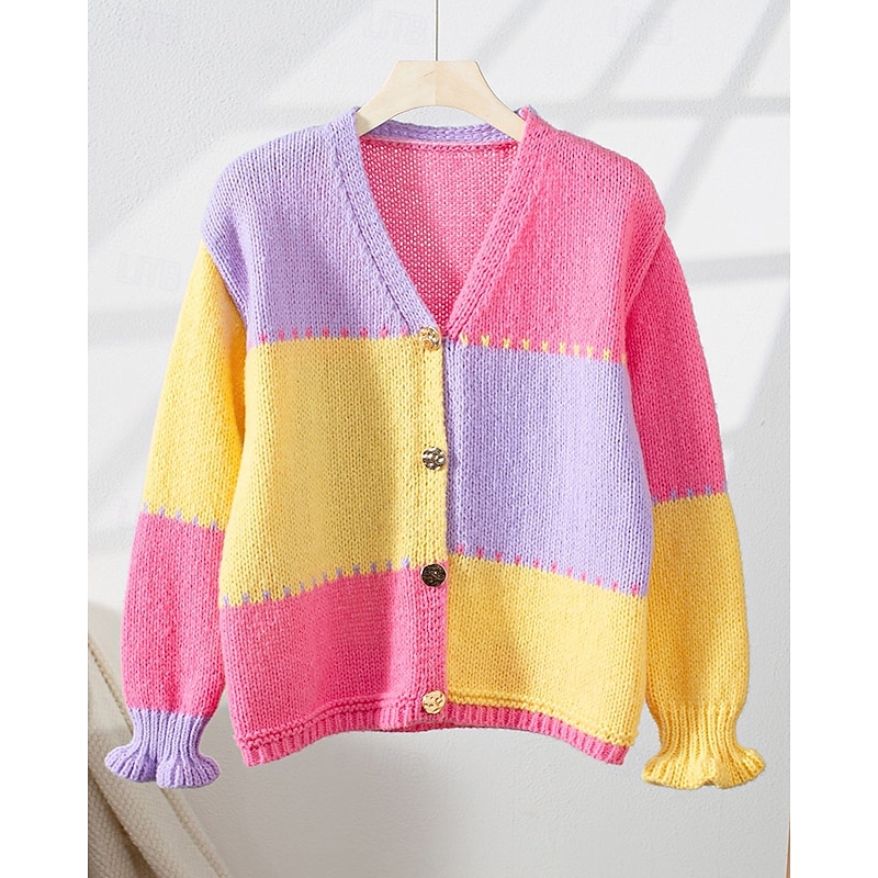 Women's Sweater Cardigan Streetwear Casual Color Block V Neck Ruffle Patchwork Buttons Long Sleeve Regular Tops Knit Daily Holiday Going out Yellow Fall Winter3