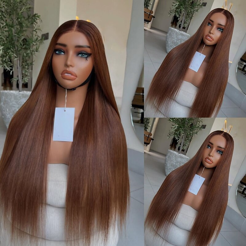 Brazilian 100% Virgin Remy Human Hair Glueless 5x5 Lace Closure Wigs 13x4 Lace Front Human Hair Wig Bone Straight Brown Colored Wig Natural Hairline  Glueless Pre-Plucked For Women