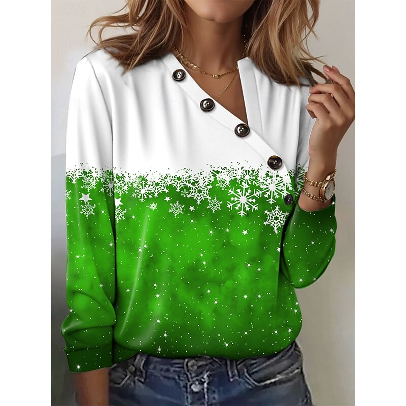 Christmas Women's T Shirt Graphic Snowflake Casual Short Sleeve V Neck Regular Tops Daily Buttons Print Red Blue Purple Green Summer4