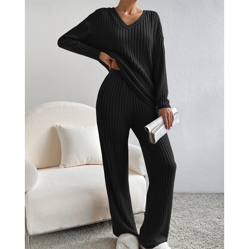 Women's Sweater Pullover Streetwear Casual Solid Color V Neck Pocket Knitted Long Sleeve Regular Tops Knit Outdoor Daily Going out Black Navy Blue Fall Winter3