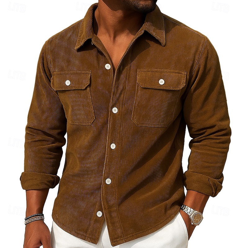 Men's Corduroy Shirt Black Purple Brown Gray Long Sleeve Plain Turndown School Training Pocket Clothing Apparel Vintage Classic Casual2