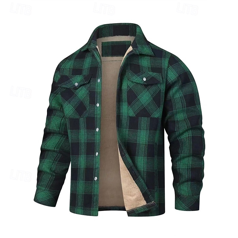 Men's Winter Jacket Shirt Jacket Fleece Jacket Casual Jacket Vacation Daily Thermal Warm Pocket Fleece Fall Winter Plaid Fashion Streetwear Lapel Regular Black Red Orange Green Jacket4