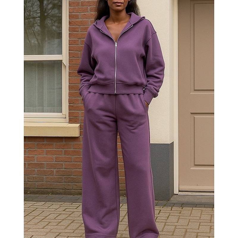 Women's Zip Up Hoodie Tight Top 2 Piece Tracksuit Baggy with Pocket Solid Colored Clothing Suit Fall Pink Purple Hiking Vocation Outdoor Long Sleeve Sport Activewear Micro-elastic Regular Fit3