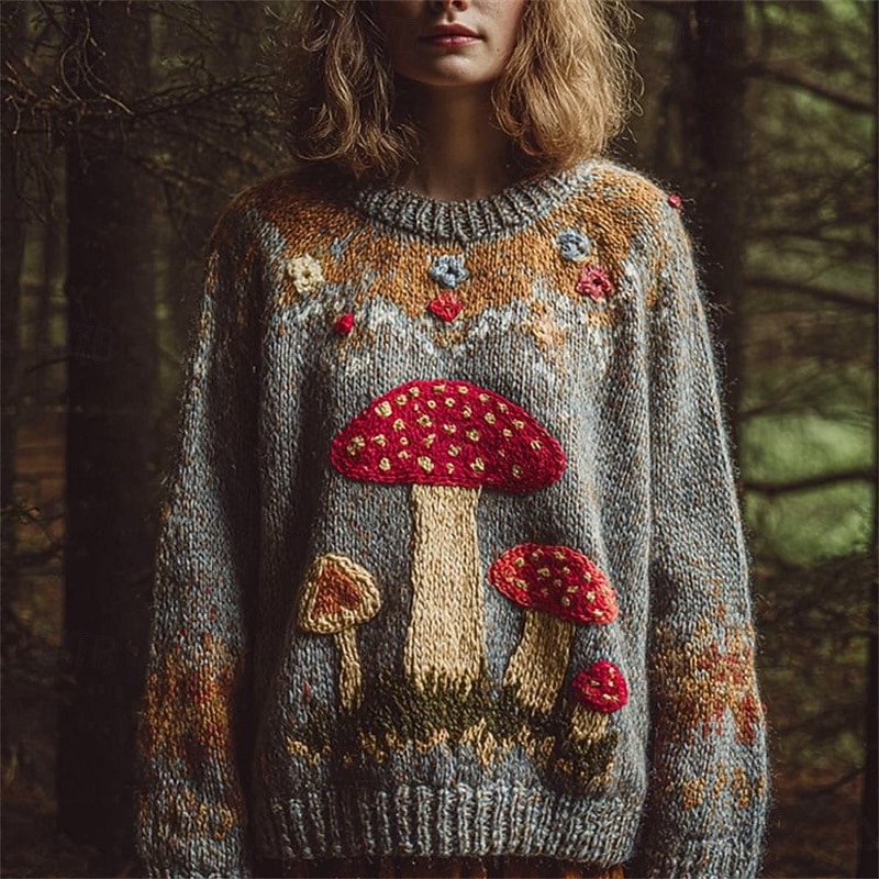 Women's Sweater Vintage Sweater Daily Casual Graphic Ribbed Crew Neck Knitted Print Long Sleeve Regular Tops Knit Outdoor Weekend Gray Fall Winter