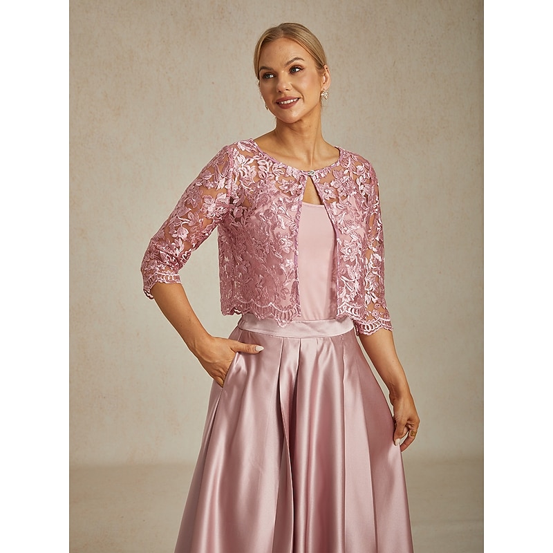 Women's Lace Tops Jacket Floral Elegant Party Crew Neck Crop Tops Wedding Guest Party Evening Wear Lace Embroidered Blush Pink Summer Spring Fall