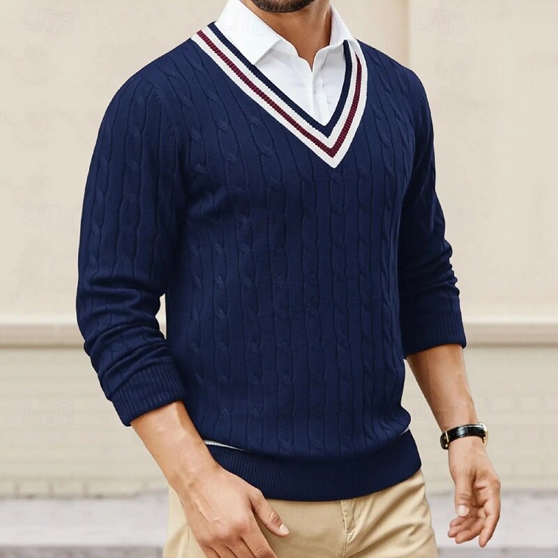 Men's Sweater Pullover Sweater Jumper Ribbed Cable Knit Regular Tops Knitted Slim Fit Plain V Neck Knitwear Contemporary Casual Daily Wear Clothing Apparel Fall Black Navy Blue M L XL4