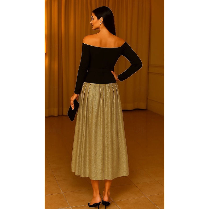 Black and Gold A-Line Cocktail Dresses Stretch Crepe and Jacquard  Elegant Formal Dress Formal Wedding Tea Length Long Sleeve Off Shoulder with Pleats 20252
