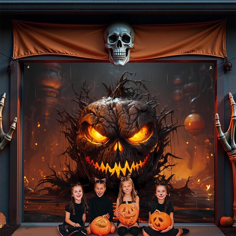 Halloween Tapestry Garage Door Cover Large Hanging Backdrop Pumpkin 3D Dark Punk Gothic Style Party Outdoor Shooting Backgrounds Yard Haunted House Home Decor2