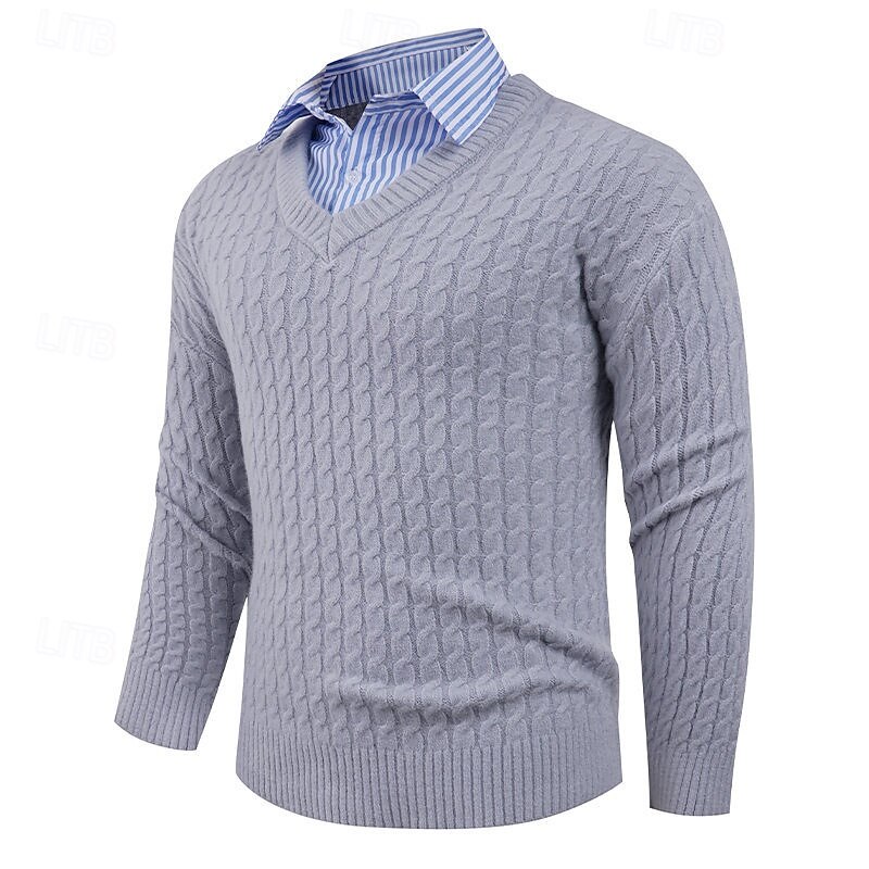 Men's Pullover Sweater Jumper Knit Sweater Ribbed Knit Regular Tops 2 in 1 Knitted Plain Lapel Fashion Basic Vacation Daily Wear Clothing Apparel Fall Winter Black White M L XL