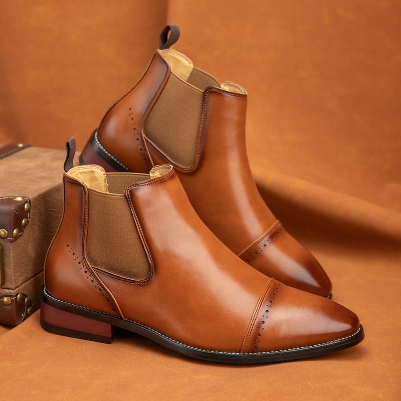 Men's Polished Brown Chelsea Boots with Pointed Toe Elegant Ankle Dress Boots for Business Meetings, Weddings and Evening Outings4