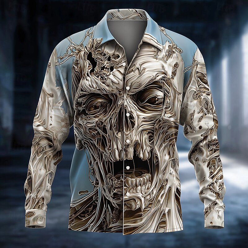 Halloween Men's Skeleton Frozen Ice skull Shirt Button Up Shirt Long Sleeve Dark Gothic Style Holiday Streetwear Spring Fall Turndown 3D Print Collared Shirts Blue 1# Blue