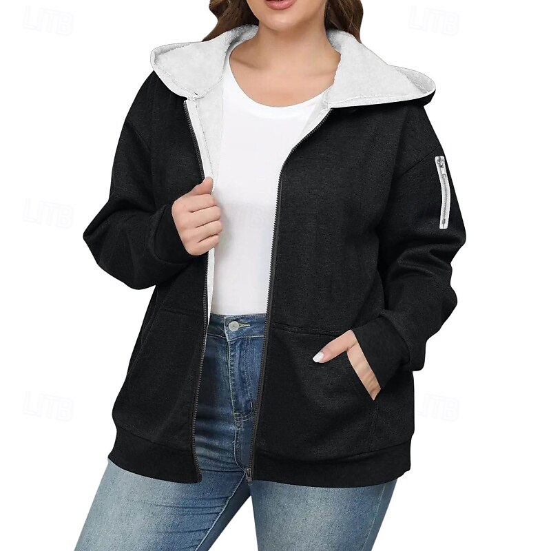 Women's Zip Up Hoodies Plain Casual Long Sleeve Hooded Regular Tops Street Going out Zipper Pocket Black Wine Navy Blue Green Beige Fall Winter