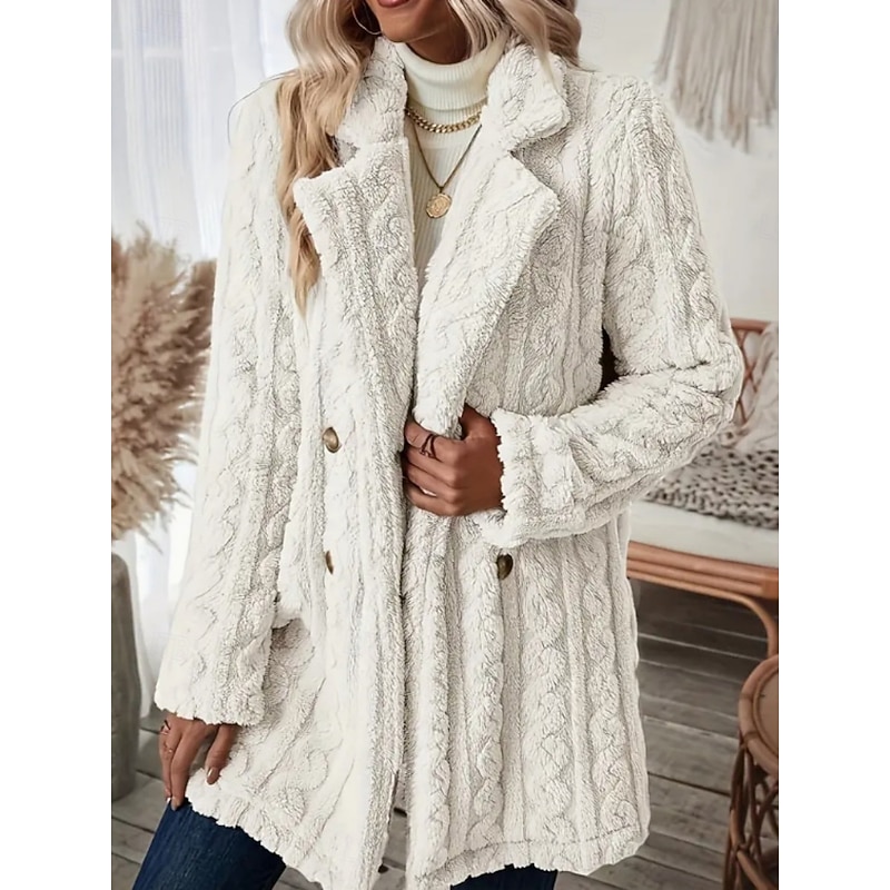 Women's Fleece Jacket Teddy Coat Warm Breathable Pocket Fleece Lined Casual Plain Vacation Street Casual Daily Wear Double Breasted Long Notch Lapel Regular Fit Long Sleeve Outerwear Black White Pink