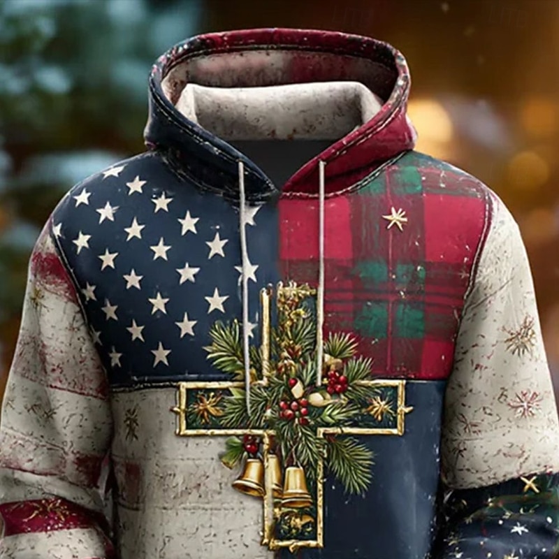 Christmas Men's Cross American Flag Hoodie Fashion Daily Hooded Vacation Party Streetwear Red Printing Fall Winter Designer2