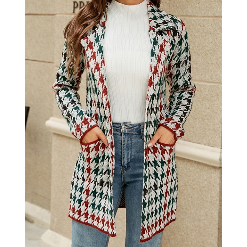 Women's Blazer Comfortable Pocket Casual Plaid Vacation Street Going out Weekend Long Turndown Regular Fit Long Sleeve Outerwear Khaki Light Grey Dark Gray Fall Winter2