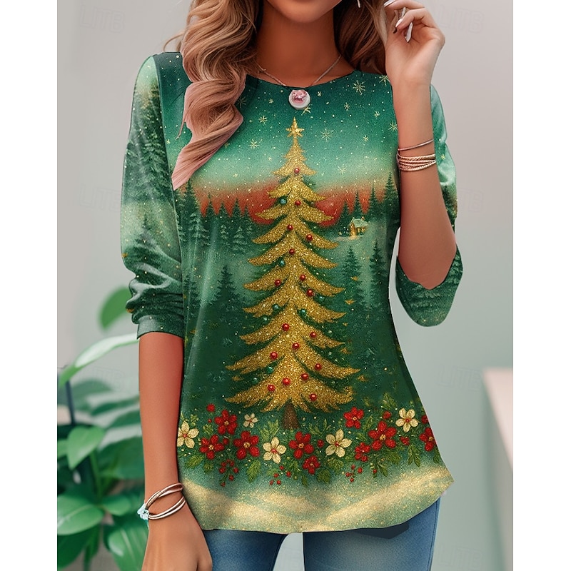 Christmas Women's T Shirt Christmas Tree Snowflake Vintage Stylish Classic Long Sleeve Crew Neck Round Neck Regular Tops Weekend Print Green Winter