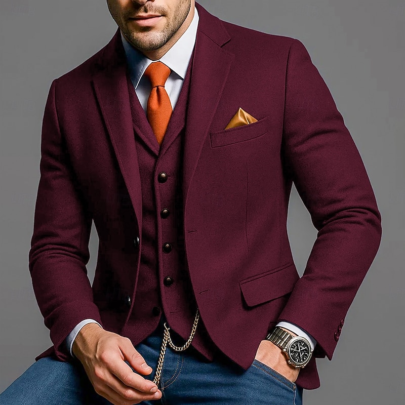 Men's Blazer Formal Business Wedding Party Elegant Fashion Winter Spring &  Fall Wool Polyester Plain Pocket Casual / Daily Single Breasted Blazer Black Burgundy Navy Blue Gray2