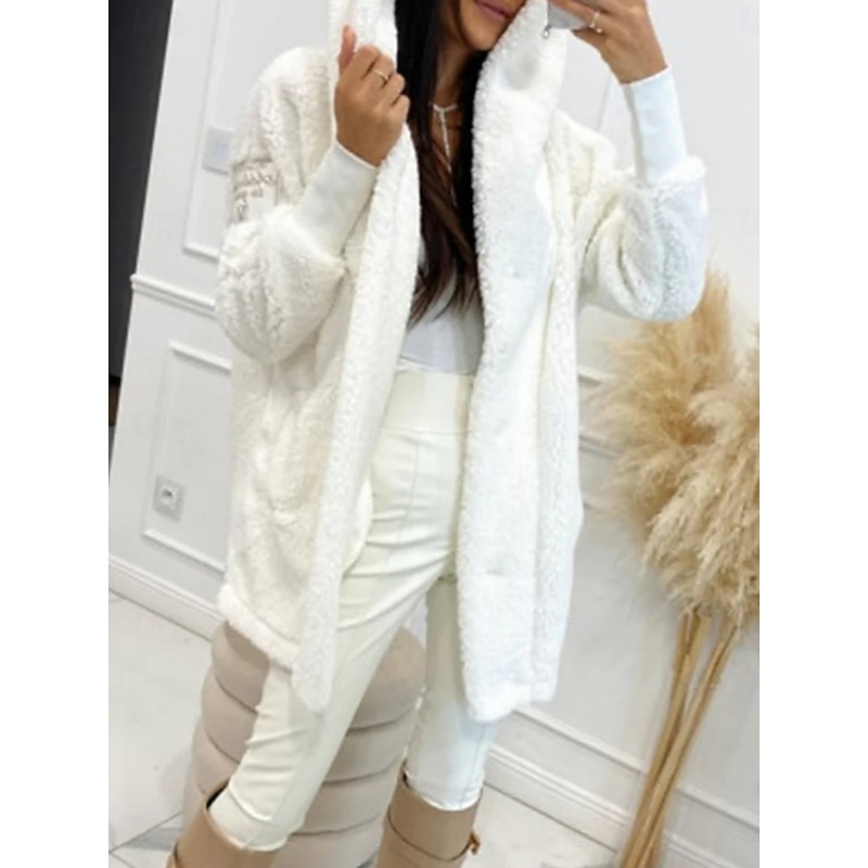 Women's Fleece Jacket Comfortable Breathable Pocket Casual Plain Vacation Street Casual Daily Wear Pullover Long Turndown Regular Fit Long Sleeve Outerwear Black White Pink Spring Fall3