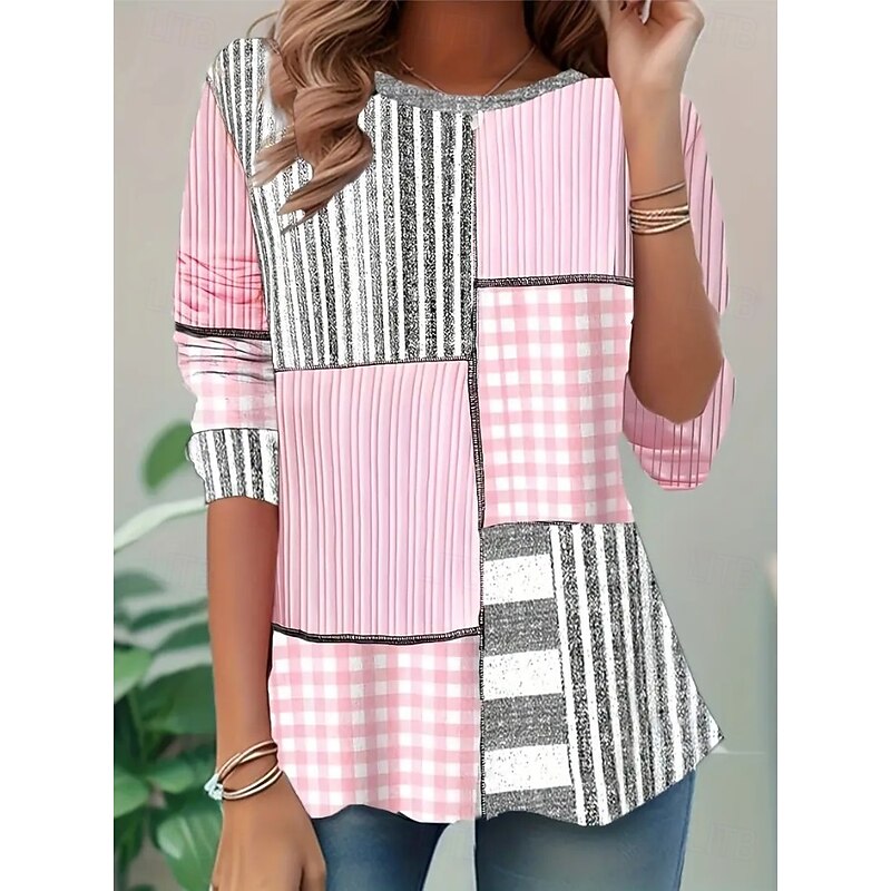 Women's T shirt Long Sleeve Crew Neck Long Sleeve Tunic Modern Casual Geometric Print Regular Tops Daily Wine Light Brown Blue Orange Brown Fall Winter Prefall4