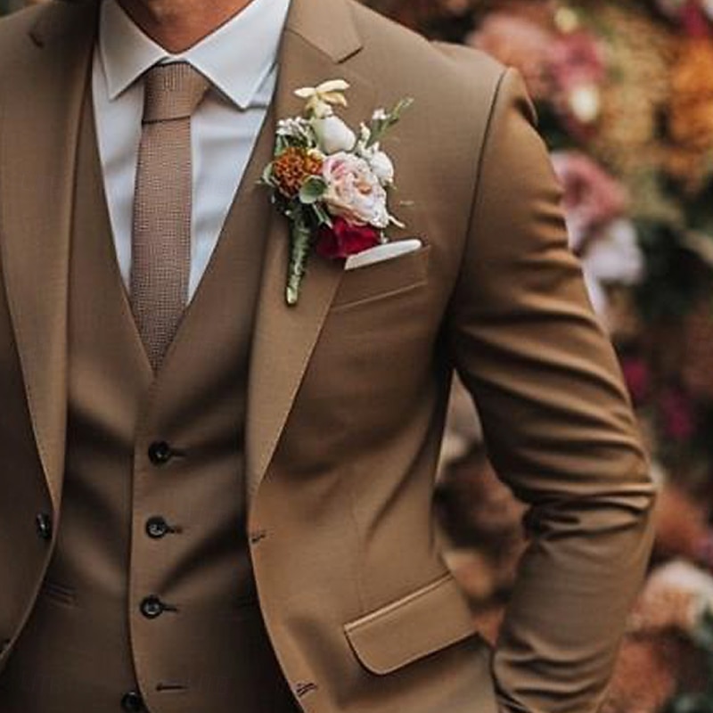 Men's Wedding Business Party Suits Notch Lapel Brown Daily Formal Solid Colored Slim Fit 3 Piece Single Breasted Two-buttons3