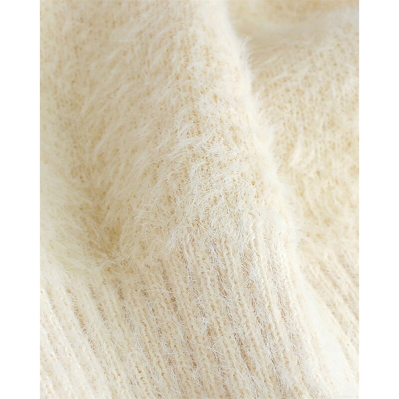 Women's Sweater Casual Soft Pure Color Ribbed Crew Neck Knitted Cold Shoulder Long Sleeve Regular Tops Knit Outdoor Daily Weekend Beige Fall Winter4