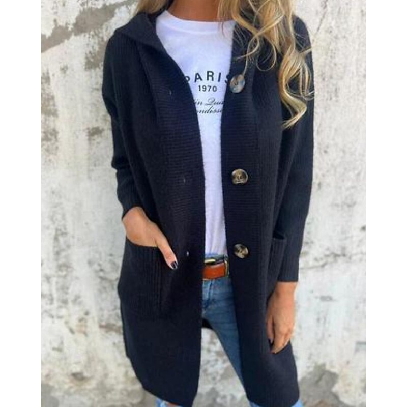 Women's Sweater Cardigan Streetwear Casual Solid Color Hooded Pocket Buttons Knitted Long Sleeve Long Tops Knit Daily Going out Weekend Black Yellow Fall Winter2