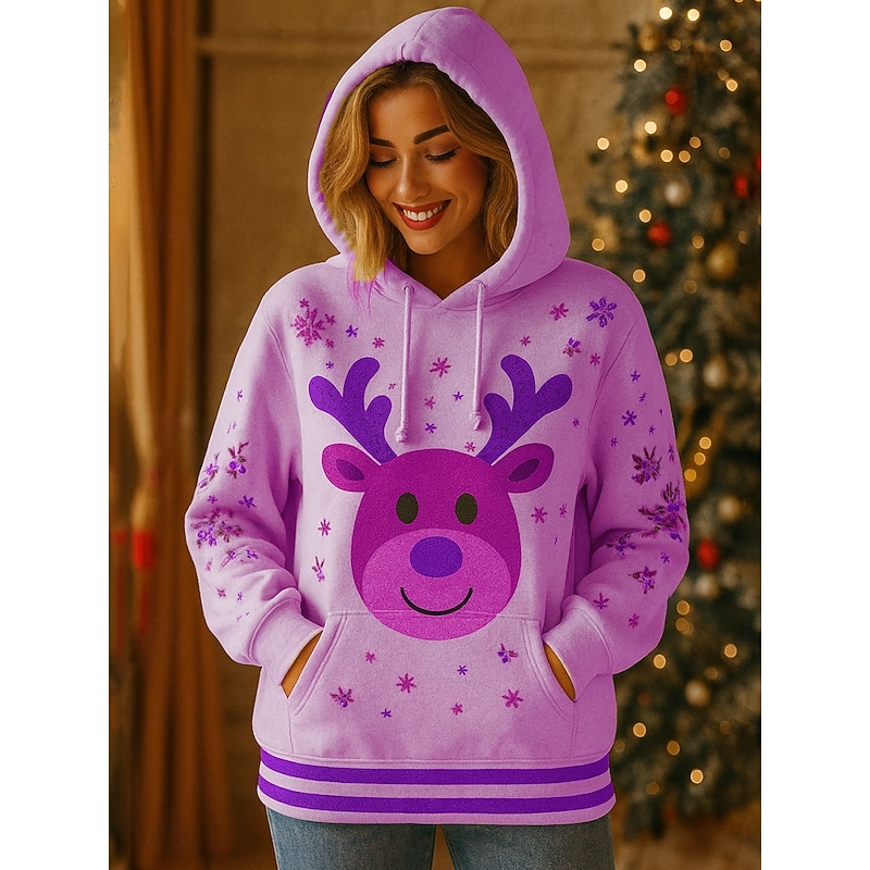 Women's Pullover Hoodie Sweatshirt Graphic Reindeer Casual Long Sleeve Hooded Regular Tops Party Evening Wear Street Dailywear Pink Blue Green Beige Spring Fall Winter3