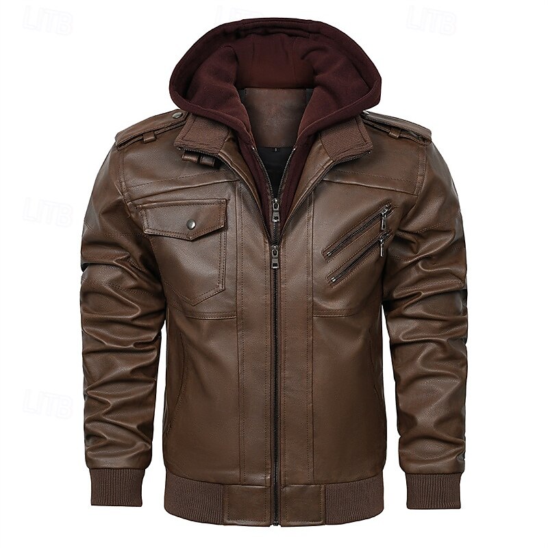 Men's Faux Leather Jacket Fleece Jacket Biker Jacket Motorcycle Jacket Vacation Daily Windproof Warm Pocket Winter Plain Fashion Classic Hooded Regular Black Brown Jacket2