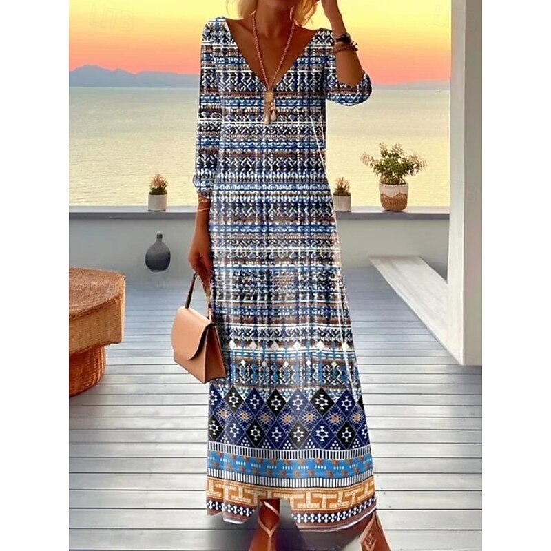 Women's Maxi Dress T Shirt Dress Tee Dress A Line Dress Vacation Casual Boho Going out Regular Fit Floral Graphic Geometric Long Sleeve V Neck Light Brown Blue Brown Spring Fall Winter2
