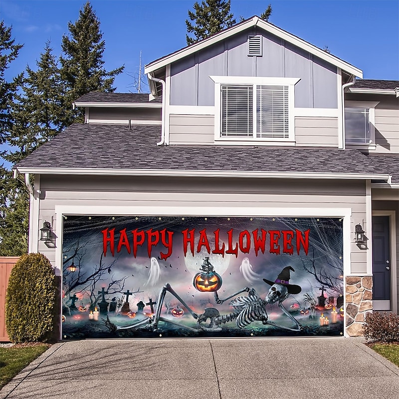 Halloween Garage Door Cover Large Hanging Backdrop Skeleton Cemetery 3D Dark Punk Gothic Style Party Outdoor Shooting Backgrounds Yard Haunted House Home Decor2
