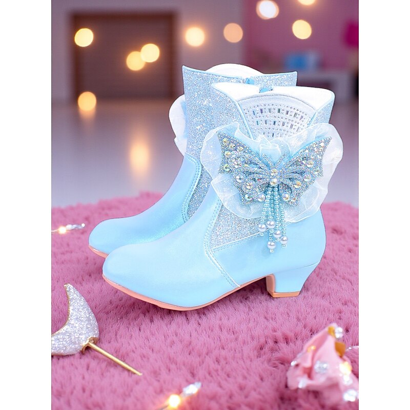 Girl's Purple Glitter Ankle Boots with Rhinestone Butterfly Bow and Pearl Tassels - Sparkly Princess Shoes for Kids Party and Holiday Outfits2
