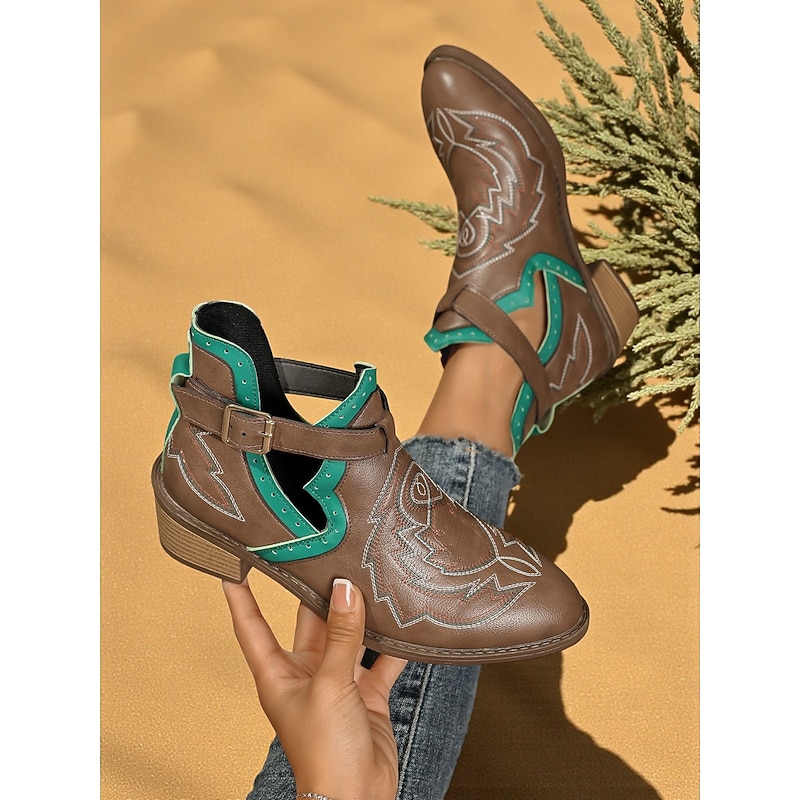 Women's Brown Western Ankle Boots – Faux Leather Retro Cowboy Style Shoes for Fall Outfits and Festivals4