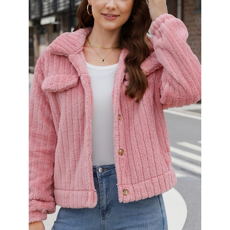 Women's Winter Coat Sherpa Jacket Comfortable Breathable Pocket Buttons Casual Plain Vacation Street Casual Daily Wear Single Breasted Short Turndown Regular Fit Long Sleeve Outerwear Pink Red Green2