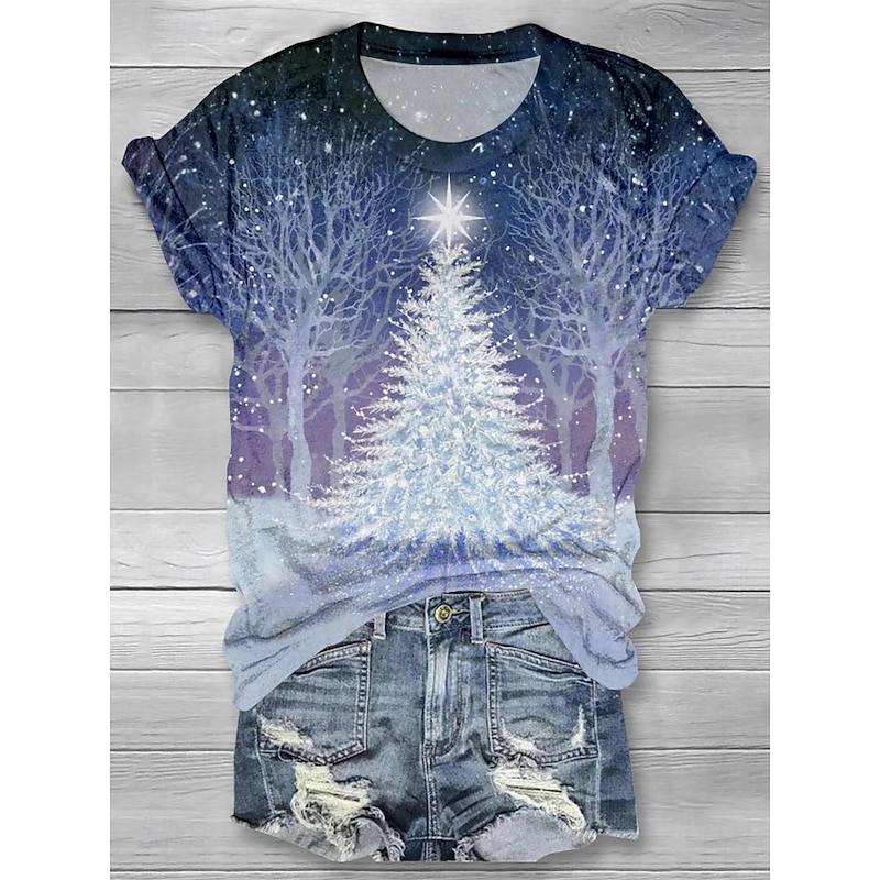 Christmas Women's T Shirt Graphic Christmas Tree Vintage Stylish Classic Short Sleeve Crew Neck Round Neck Regular Tops Daily Print Blue Sky Blue Green Summer Spring Winter